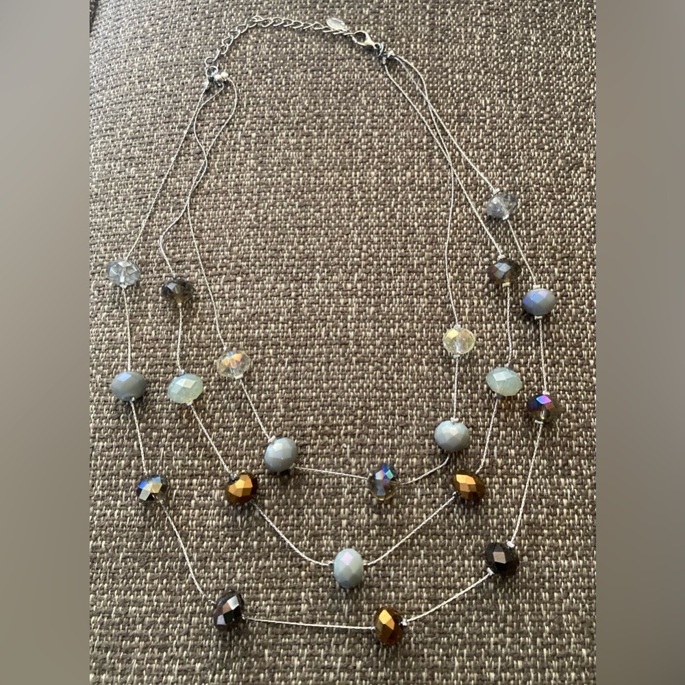 ALI-KAHN NEW YORK Triple Strand, Silver Tone, Faceted Crystal, Bead Necklace